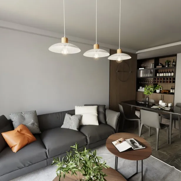 EMIBIG Hängelampe KOBE 3 Japandi-Stil Holz / Metall E27 Höhe 100 cm 15W 3-flammig weiß - ohne Leuchtmittel