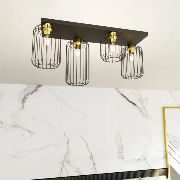 Emibig LED Loft Deckenleuchte BARN 4 BL 15 W Länge 70 cm E27 4-flammig schwarz/gold - ohne Leuchtmittel