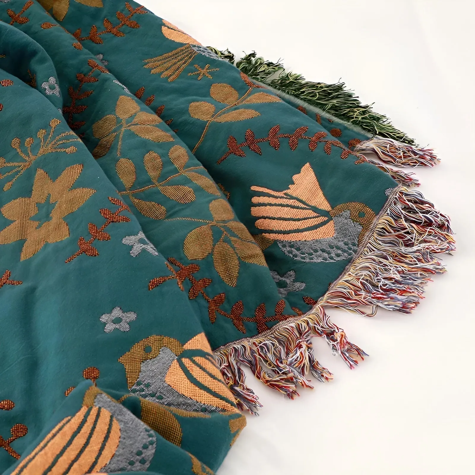 Baumwoll Wendeblanket - Boho Vogel- und Blumenmuster für Wohnkultur