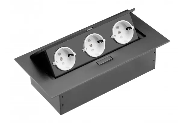Schreibtisch Steckdosenleiste zum Einlassen rechteckig 3x Schuko-Stecker - schwarz (ohne Netzkabel)